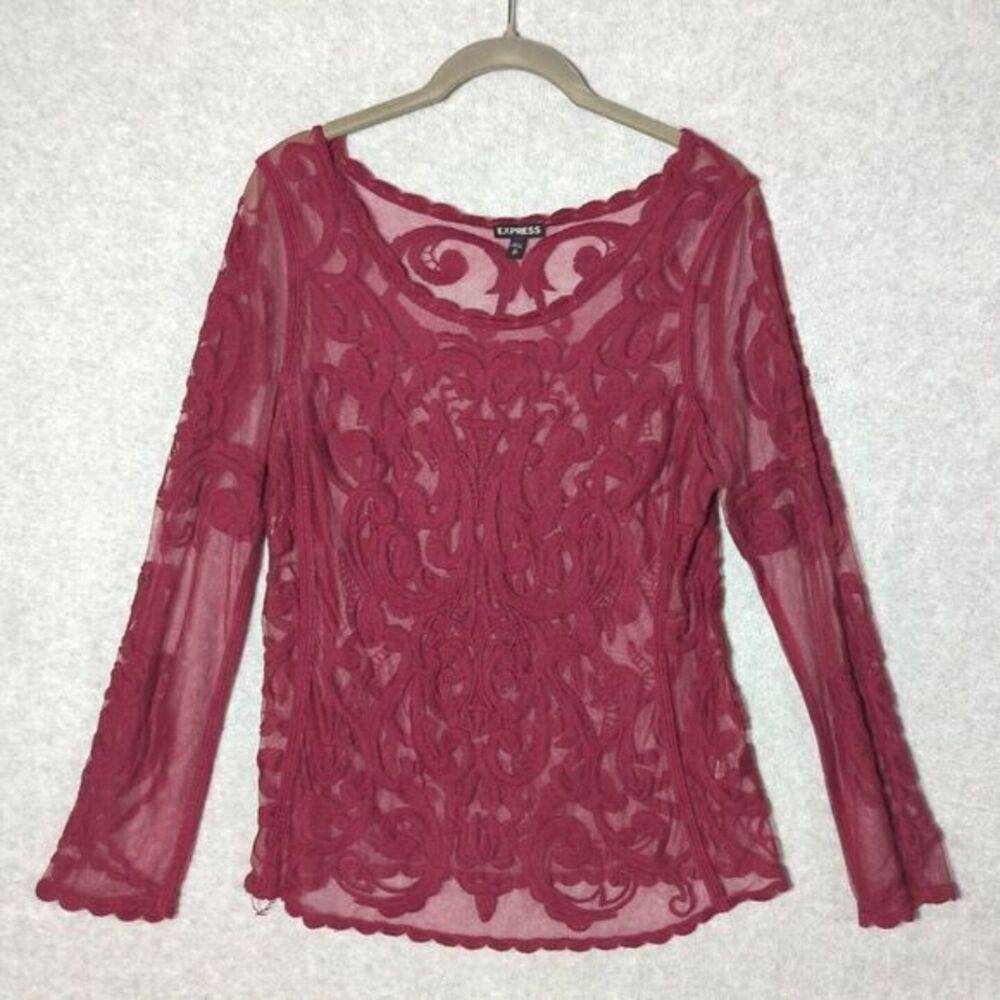 Express Womens‎ Sheer Top Embroidered Lace Paisley XS Burgundy Fairy Coquette